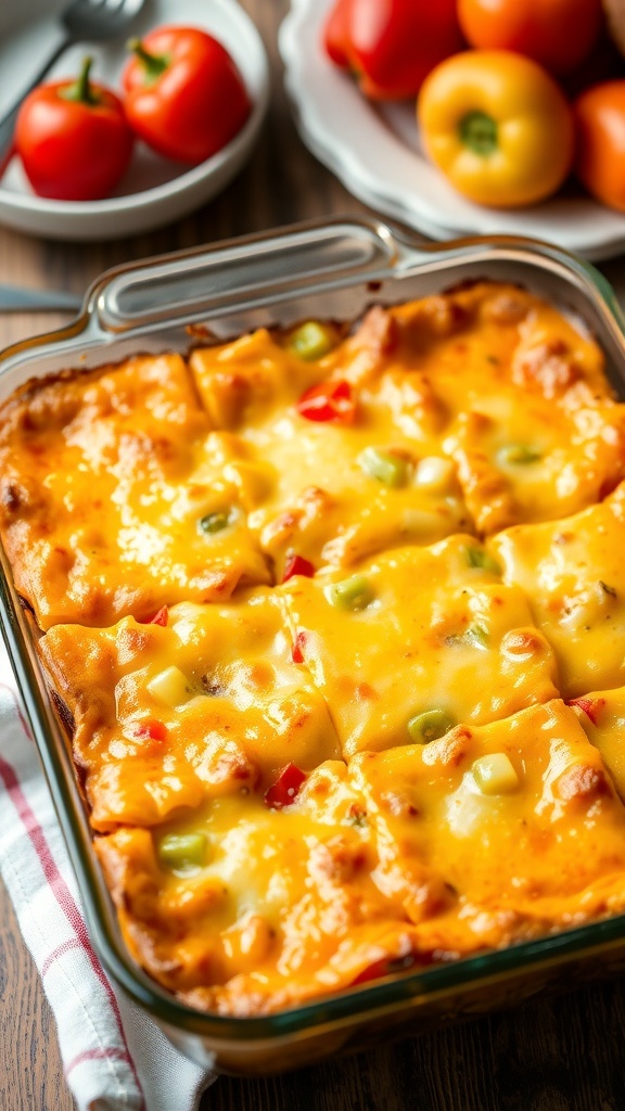 A golden-brown breakfast casserole with cheese and bell peppers, served in an 8x8 dish on a wooden table.